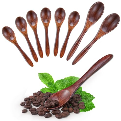 Kssvzz 8 Pièces Cuillere en Bois, Naturel Cuillere a Cafe, Petite Cuillere en Bois de Cuisine, Cuillère à Miel en Bois pour Manger Remuer la Cuisine, 14cm+ 20.5cm
