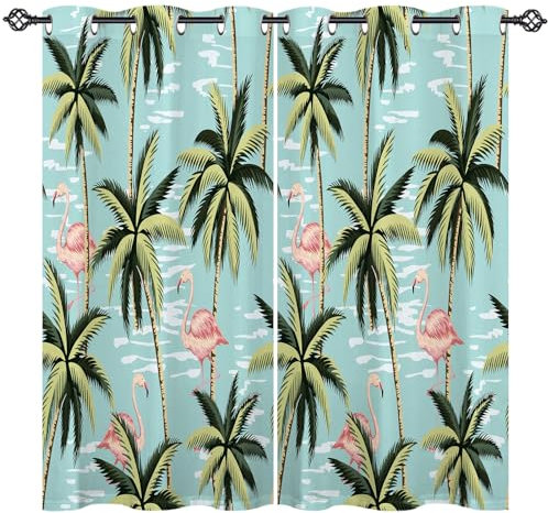 ANHOPE Tropisch Flamingo Palmblatt Verdunklungsvorhänge mit Ösen Blickdichte Gardinen Blackout Curtain Thermo Vorhänge Weich Schlafzimmer Wohnzimmer Vorhang 2er Set H 137 x B 117 cm