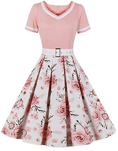FYMNSI Robe rockabilly des années 50 pour femme avec ceinture - Manches courtes - Ligne A - Robe de cocktail, Motif fleurs - Rose, XL