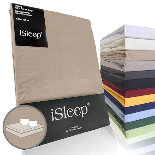 iSleep Kissenbezug Satin Baumwolle 60x70 cm (2 Stück) (Medium Beige)