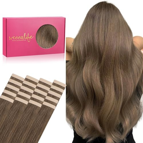 WENNALIFE Band in Haarverlängerungen Echthaar, 20pcs 50g 14 Zoll helles Aschbraun Remy Haarverlängerungen gerade Echthaar Band in Verlängerungen Haut Schuß Bandverlängerungen Echthaar
