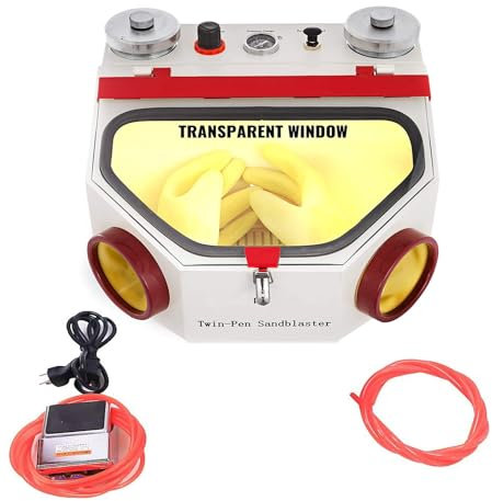 BONEW Lab Sandblaster Double Pen Fine Sand Blasting Machine Large View Window Sandblaster Unit with Lamp (Plastic Cups)