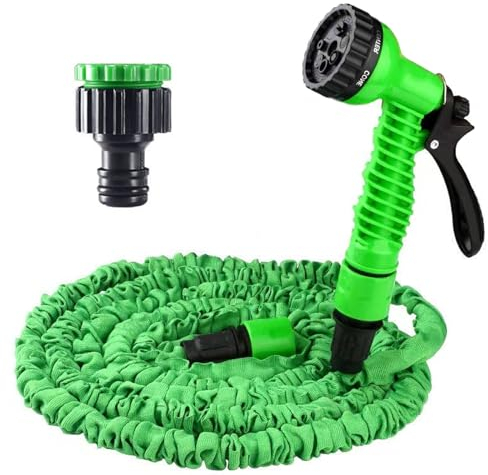 Manguera de riego flexible de 15 m, manguera de agua flexible con 7 funciones de ducha y adaptadores rápidos, manguera extensible para riego de jardín, mascotas, lavado de coche, hierba (verde)