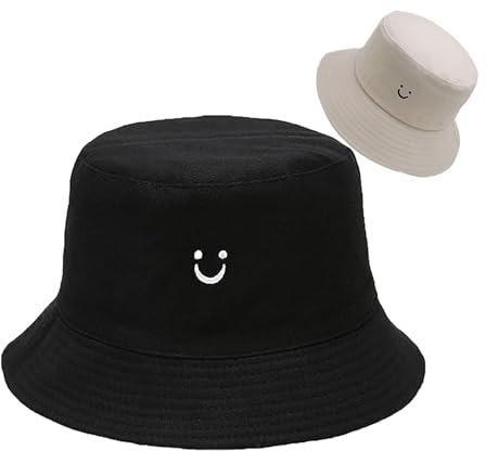 Fischerhut Herren Damen Sonnenhut Bucket Hat Reversibel Smile Anglerhut Faltbar Sommerhut Baumwolle Fischerhüte Freizeithut zum Camping Reisen Angeln (DE/NL/SE/PL, Numerisch, 56, 58, Schwarz Beige)