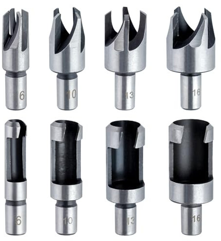 LEONTOOL 8Pcs Wood Plug Cutter Drill Bit Set Straight and Tapered Taper Cutting Tool Cork Drill Bit Knife Set Woodworking Hole Saw Cutting Tool 1/4 3/8 1/2 5/8 (Metric 6mm 10mm 13mm 16mm)