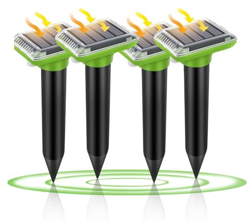 HENESE Ahuyentador de Topos Solar 4 Piezas, Ultrasónico vibración de Ratones, IP66 Impermeable, Control de plagas para campañoles Ratones Hormigas y Serpientes, Apto para Jardines Campos