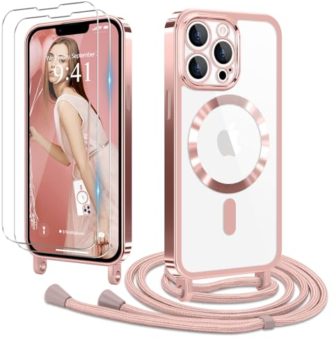 Ethanger Handyband für iPhone 13 Pro Max Hülle mit Band + 2 Stück Glas Schutzfolie Transparent Silikon Handyhülle zum Umhängen Magnetische Schutzhülle für iPhone 13 Pro Max Rosa