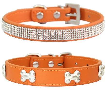 Suiecuor 2 teiliges lederhalsband Hund, hundehalsband Strass welpenhalsband mit Metallknochen Dekoration geeignet für kleine mittelgroße Hunde und Katzen Orange XS
