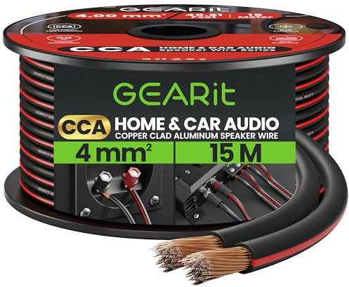 GEARit 12 Gauge Speaker Cable 15m, Flexible 2x4mm² Speaker Wire with Polarity Markings, 2-Conductor 12AWG CCA Audio Cable for In-Wall Home Theater, Car Audio Stereo, HiFi Surround Sound (Black)