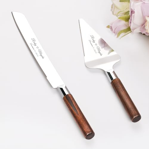Juego de Cuchillo y Servidor para Pastel de Boda, Conjunto de Corte de Pastel de Acero Inoxidable, Oro Plata Cortador de Pastel Servidor de Pasteles para Navidad, Cumpleaños, Fiesta (Nogal Plateado)