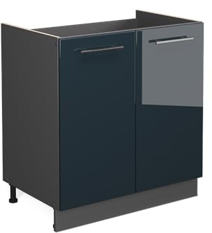 Vicco Spülenunterschrank Fame-Line, Dunkelblau Hochglanz/Anthrazit, 80 cm, AP Marmor