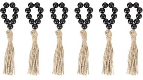 QUARKZMAN 6Stk Holz Perlen Servietten Ringe Bauernhaus Holz Perlen Servietten Schnallen mit Jute Seil Quasten für Weihnachten Thanksgiving Hochzeit Zuhause Tisch Dekor (Schwarz)