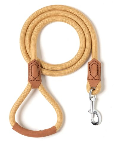 Mile High Life | Premium Leather Dog Leash | Strong Rope Leash | Leather Handle | Zinc Alloy Strong Clasp | Small Medium Large Dogs | 4/5/6 Feet (72 Inch, Yellow)