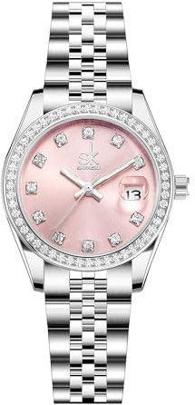 SHENGKE Donna cristallo accentato con banda in lega d'acciaio solido orologio Elegante vestito orologi al quarzo calendario per le donne (Argento-rosa)