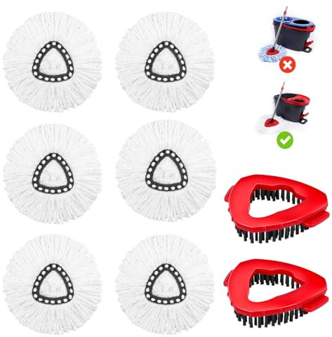 Mop Replacement Heads & Scrubbing Brushes Compatible with Viled EasyWring 1 Tank System, Spin Mop Replacement Head for Bathroom, Kitchen, Tiles, Wall Cleaning (6 Mop Heads - White & 2 Brushes)