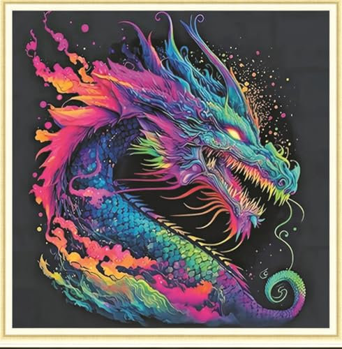 Meecaa Kreuzstich-Set, 11-fädig, geprägt, buntes Drachen-Tier-Stickset mit Zubehör, vorgedruckt (36 x 36 cm) (Drache)