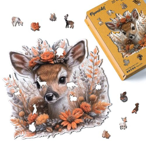 Figured'Art Holzpuzzle Erwachsene und Kinder 200 Teile Tiere - Rehkitz mit Blumen - Originelles Design 28,2x28,5 cm Einzigartige Form mit Premium-Holzkiste