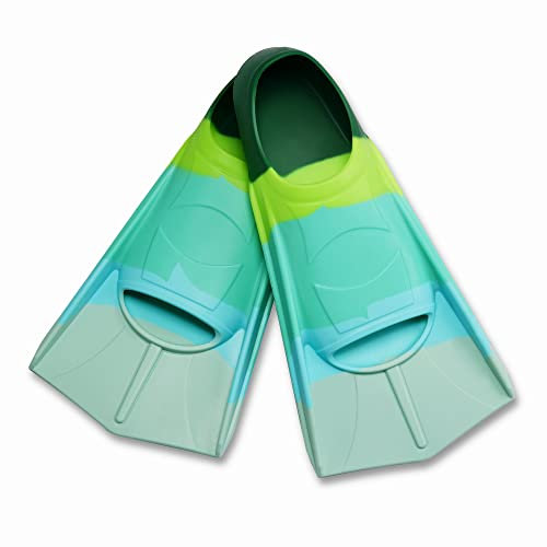 Schwimmflossen Kinder, 100% Silikon Kurzflossen, Taucherflossen Regenbogen Flossen für Kinder Erwachsene Männer Frauen Schwimmen Tauchen (Regenbogen-Grün, XS)