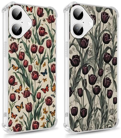 Phoona 2 packs Phone Case for iPhone 16 Plus 6,7'', Flowers Floral Print with Airbag Corners Aesthetic Design Transparent Cover, Hybrid Design Hard PC Back Shockproof Protective Bumper Funda, 08