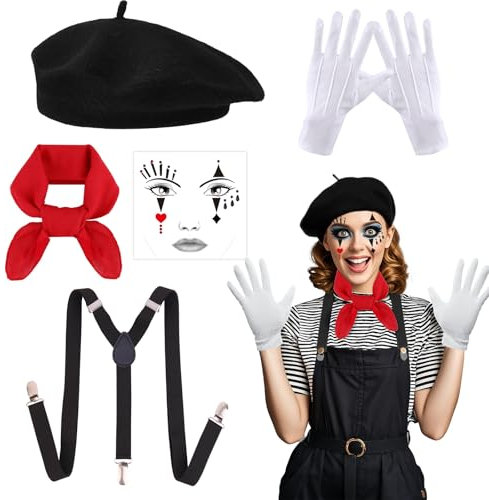 Xerteam Mottoparty Pantomime Kostüm Damen Herren, Französin Kostüm Zubehör mit Karnevalshüte, Gesichtstattoo, Hosenträger, Rote Tuch, Handschue, Rot Weiss Karneval-kostüm Damen für Halloween Cosplay