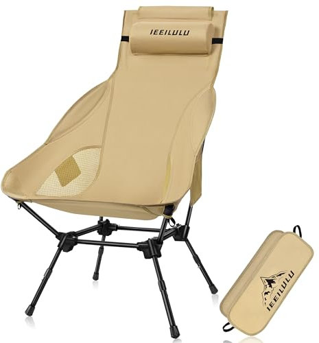 IEEILULU Chaise de Camping Dossier Haut, Jusqu'à 130KG, Chaise Pliante avec Appui tête et 2 Poches, Légère Chaise de Plage Portable pour I'extérieur Camping Pêche (Marron)
