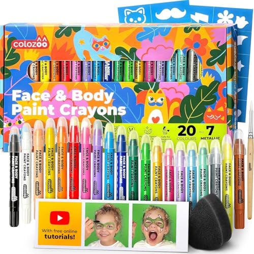 colozoo Schminkstifte Kit 20 Farben Kinder Face Paint Pinsel Schablonen | Kinderschminke, 20 Farben mit Pinseln und Schablonen, Wasserbasis abwaschbar, Karneval, Partys und Bauchbemalung