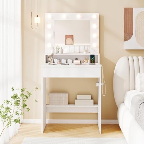 COSTWAY Schminktisch mit LED Beleuchtung, Spiegel (66 x 40 x 136 cm,Weiß) | Frisiertisch mit Ladestation, Schublade & offenem Fach, Kosmetiktisch Helligkeit einstellbar, Frisierkommode für Schlafzimmer