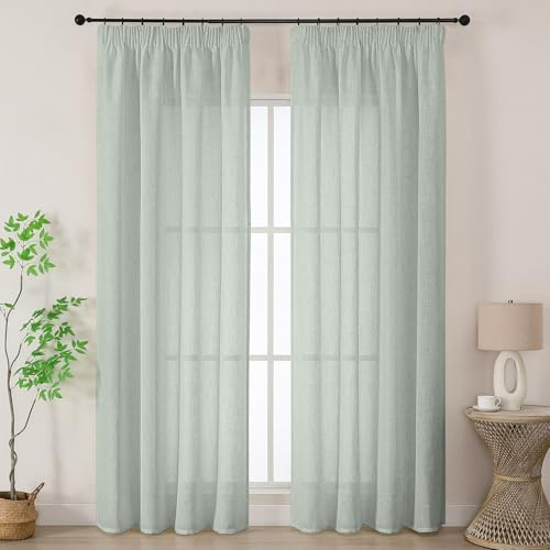Joydeco Leinen Gardinen mit Kräuselband Salbeigrün Vorhänge Wohnzimmer Modern Boho Leinenoptik Gardine Halbtransparent Vorhang für Schienensystem Curtains Bedroom 2er Set H 245 x B 140 cm