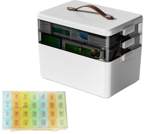 Buithafu Caja de medicamentos de 3 niveles – Caja de almacenamiento grande para tabletas y primeros auxilios con cierre seguro, 3 niveles, fácil de transportar, caja de plástico resistente (blanco)
