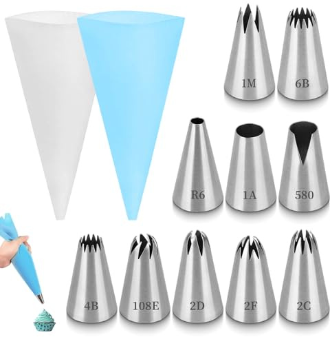 Spritztüllen Set,RoadLoo 10er Set Edelstahl Spritzbeutel Wiederverwendbar Spritzbeutel mit Tüllen Edelstahl Tüllen für Zuckerguss Spritzgebäck und Dekorieren Cakes Muffins DIY