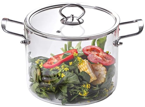 Pentola in vetro con coperchio, pentola trasparente da 4 litri con doppio manico in acciaio inox, pentole in vetro resistente al calore per cucinare pasta, tagliatelle, latte e cuocere a fuoco lento