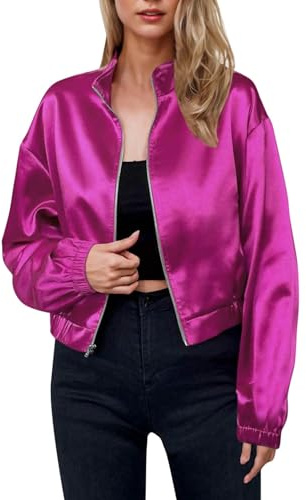 Flodxo Blouson bomber court pour femme - Manches longues - Fermeture éclair - Style décontracté - Léger - En satin - Élégant - Fermeture éclair intégrale - Tendance - Vintage - Streetwear