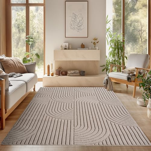SIMPEX Teppich 200x290 cm Beige Boho Design Bouclé Schlingenflor Skandi Stil Modern Weich Strapazierfähig Pflegeleicht großer Teppich für Wohnzimmer Esszimmer Schlafzimmer