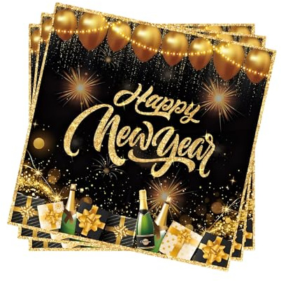 40 Stück Silvester Servietten 33x33cm, Happy New Year Servietten Schwarz Gold, Silvester Deko 2026, Tischdeko Neujahrsgeschenke, Passend Für Restaurant, Party Oder Mehr