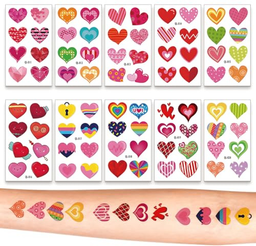 YAZWUR 10 Stück Temporäre Tattoos mit Herzen, wasserdicht, Valentinstags-Aufkleber, Tattoo-Aufkleber für Damen (Bunte)