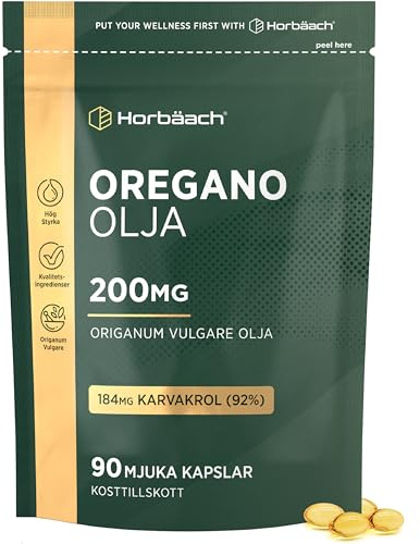 Oreganoolja Kapslar 200mg - 90 Softgels - 184mg Carvacrol (92%) | Högdoserat Oregano Oil Tillskott - av Horbaach