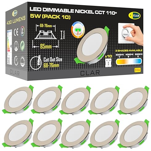 CLAR - Einbaustrahler LED, Deckenstrahler, LED Einbaustrahler 230V, Deckenspots, Spots Dekenleuchte, Badbeleuchtung, Deckenleuchte Dimmbar, Einbauleuchten Nickel 5W CCT (Pack 10)