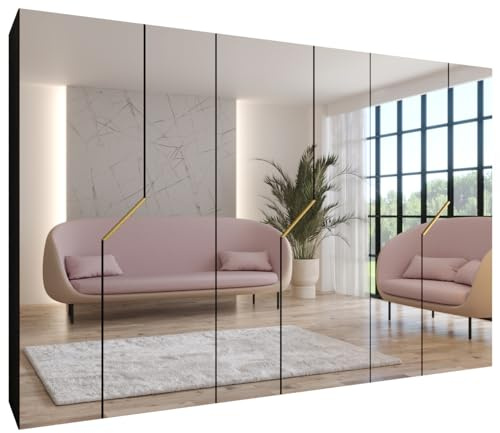 MEBLE KRYSPOL - Kleiderschrank - Garderobenschrank - 300 cm x 202 x 52 cm - Schrank mit Kleiderstange und Spiegel, 6 Türen - für Schlafzimmer, Flur - Andrew, Schwarz, Griff Gold