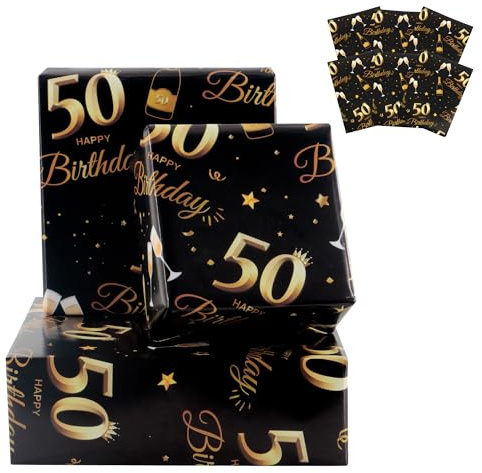 Geschenkpapier zum 50. Geburtstag, 70 x 50 cm, Schwarz und Gold, Happy Birthday Geschenkpapier, 50. Geburtstag, Geschenke, Dekorationen für Frauen und Männer, recycelbar, 6 Bögen,