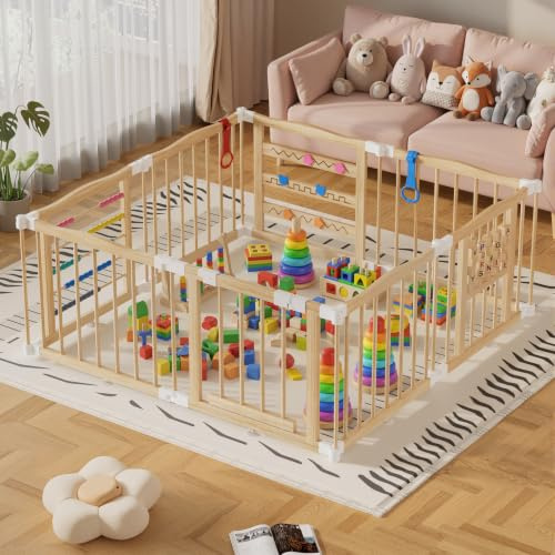 MSFE Laufstall Baby Faltbar Holz,8 Paneele Wooden Baby Playpen Verstellbare Multi-Shape & Größe mit Tür,Sicherheitsverschluss und Spielpaneelen für Wohnzimmer,Schlafzimmer und Kindergarten