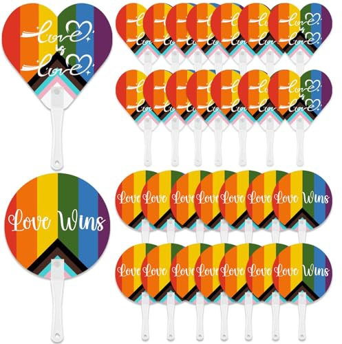 Jidkhfk 30PCS Pride Fan Pride Decorations Love Wins Rainbow Fan LGBT Rainbow Hand fan Plastic Heart and Round Shape Handheld Fans for pride Month Parade Party Supplies