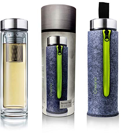 Creano Thermo-Teamaker - Exclusive Tea Bottle Double-Walled with Stainless Steel Strainer & Lid in A Classy Felt Bag, Green (400Ml) - Green