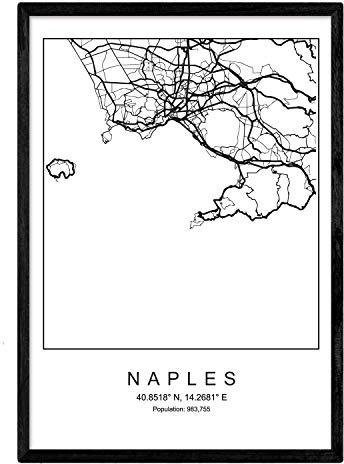 Carte de la carte de la ville Naples Nordic Style en noir et blanc. Affiche A3 Taille encadrée avec du papier noir imprimé 250 gr. Photos, draps et affiches pour salon et chambre à coucher