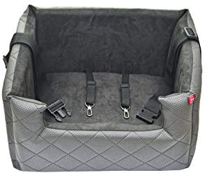 Exclusive Hunde Autositz | Autositz für Hunde, Katzen, Haustier | Rückbank, Beifahrersitz | Hundebett, Hundetasche | Kunstleder | Farbe: Grau | Große: M (47x40 cm)