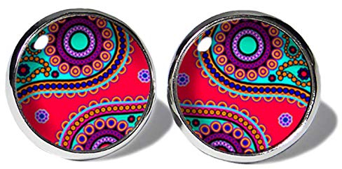 Paisley Rot-Bunt Ohrstecker ABOUKI Damen Mädchen Kinder Edelstahl Ohrschmuck Motiv Paisleymuster Boho Hippie Ethno handgefertigte Ohrringe silber-farben
