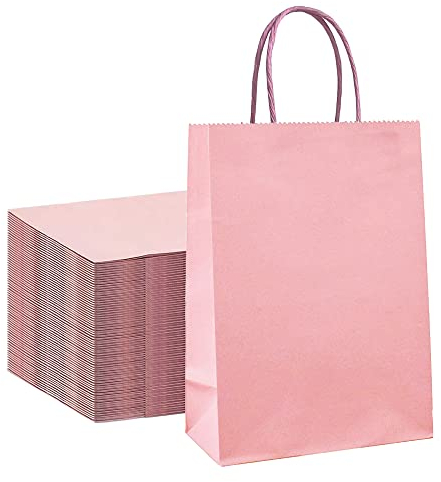 26 pcs Braune Papiertüten mit Griff,Braune Papiertüten mit Henkel,Kraftpapiertüten Braun,Papierbeutel Kraftpapier,Bodenbeutel Papier,Tütchen Papier,Geschenktüte mit Griff (Rosa)