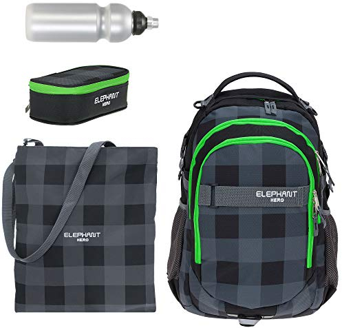 4 Teile Set Rucksack Elephant Hero Signature Schulrucksack + Mäppchen + Beutel + Flasche 12609 (Plaid Grün 4 Teile rbmbf)