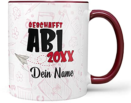 Sunnywall® Tasse Abi-Tasse Abi 20XX - Wähle dein Jahr und Namen zum erfolgreichen Abitur inkl. Geschenkkarte Bordeaux Rot