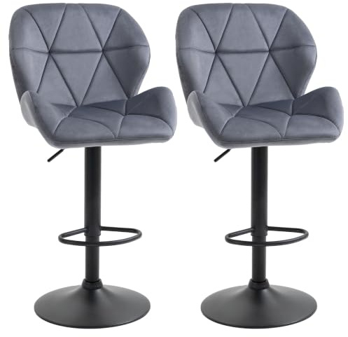 HOMCOM Set 2 Sgabelli da Bar con Altezza Regolabile, Grigio | Base in Metallo, Seduta in Finta Pelle, Sgabelli Cucina con Schienale e Poggiapiedi, 51.5x57.5x93-114.5 cm