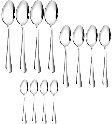 Juego de 12 cucharas de acero inoxidable 3 cucharas de sopa de diferentes tamaños cucharas de postre cucharas de té 4 grandes de 18 cm 4 medianas de 17 cm 4 pequeñas de 12 cm para sopa postre café